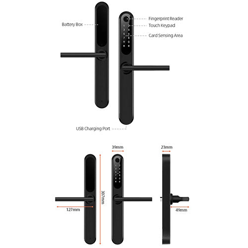 Sekur Weatherproof Smart Lock, 7-in-1, Code, Fingerprint, Card, Remote, App, Key, Smart Home Entry Door Lock - Designed for The UK (Black)